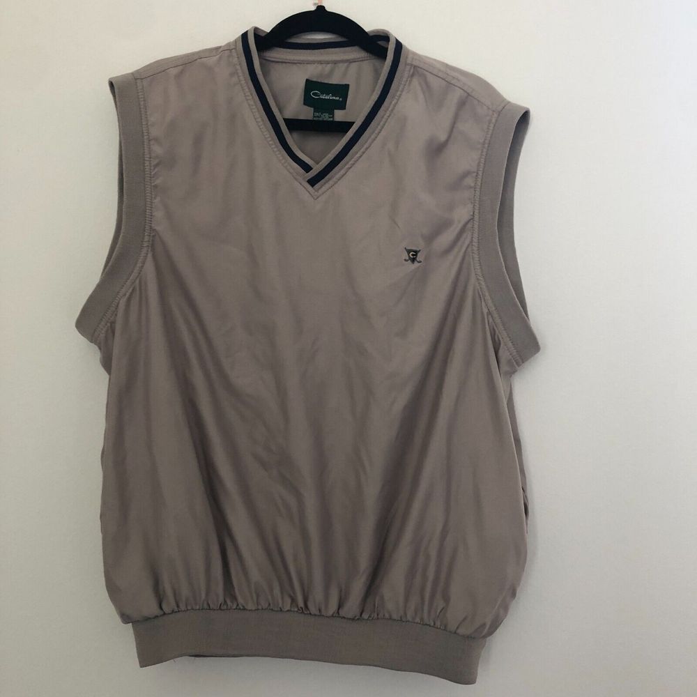 Catalina Windbreaker Vest Mens Large Dark Tan Polyester Ribbed‎ V-Neck Pullover